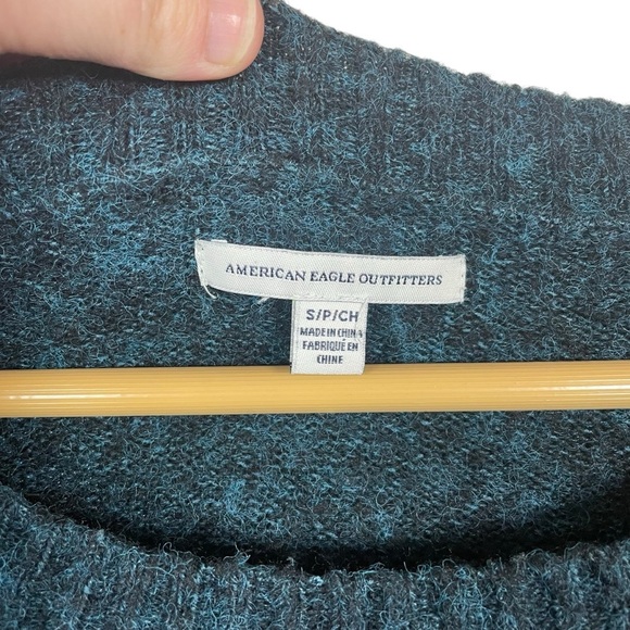 American Eagle Fuzzy Crewneck Colorblock Sweater in Teal/Grey/Black Size S - Picture 3 of 8